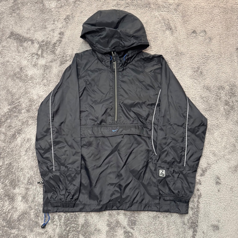 Nike Vintage Half Zip Windbreaker Hooded Jacket Black Blue Mens Large